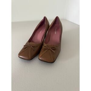 Etienne Aigner Brown Tan Leather Square Toe Bow Low Block Heels Pumps 8 1/2